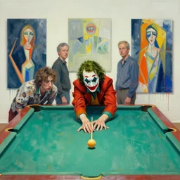 the joker playing pool, vincent lefevre and hernan bas and pat steir and peter doig and hilma af klint, psychological, photorealistic, dripping paint, washy brush, rendered in octane, altermodern, masterpiece