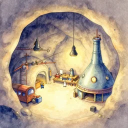 water color factory in a cave, smooth gradients, by machinarium