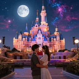 boyfriend and girlfriend on a first date in the astral disneyland realm, holding each other, in the background is the astral disneyland resort, with a colorful universe behind it, the moon of disney spirits shines overhead, festive atmosphere, epic fantasy, ultra hd render, + 4 k uhd + very crisp and clear image, romantic