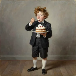 Cupid eating a cake, full body portrait, extremely detailed masterpiece, Roger Deakin’s cinematography, oil on canvas, Norman Rockwell.