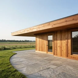 prarie home, driftless farm, designed by / frank loyd wright /, stone patio, wood, modest