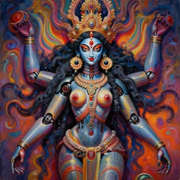 perfectly centered portrait, front view of a beautiful biomechanical goddess kali, female, flowing hair, intense stare, sweet smile, symmetrical, concept art, intricate detail, volumetric shadows and lighting, psychedelic colors, vibrant, realistic oil painting by gustave dore