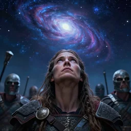close up cinematic artwork of a warrior looking up at the cosmos while surrounded by enemies by greg rutowski, masterpiece, 4k