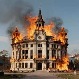 burning freemason building, surrealistic collage art