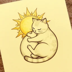 tattoo sketch of a cat hugging the sun, on a yellow paper, uzbekistan ornament, line art, vector