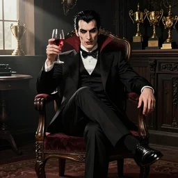 character portrait of a vampire with one leg crossed over the other, facing the camera, holding a glass of red wine in his hand, sitting sitting dramatically on a chair in a dark room with trophies along the back wall, 8 k, castlevania, amazing value control, in the style of john singer sargent, dramatic lighting, spotlight from a window, sharp focus