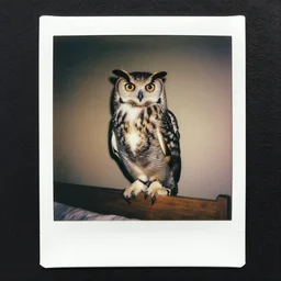 paranormal polaroid of a singular gigant owl perched on the bed headboard