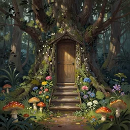 digital painting detailed forest tree with  door and stairs, magical forest flowers mushrooms painted by Ralph Horsley and dan mumford