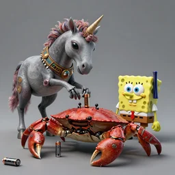 a gray unicorn alien is changing batteries to a robotic crab, with african decoration and a spongebob puppet, highly detailed, concept art, art by wlop and artgerm and greg rutkowski, masterpiece, trending on artstation, 8 k