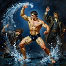 muscular magician man, casting water magic. highly detailed glossy matte oil painting by gaston bussiere, craig mullins, j. c. leyendecker, tom of finland