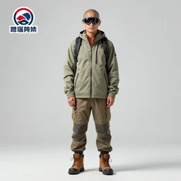 full body portrait of a monk with welding goggles under the title and logo, wearing a hiking tracksuit, by Pixar, by Ubisoft, digital art, video game cover art for Nintendo Switch, red square in the upper left corner