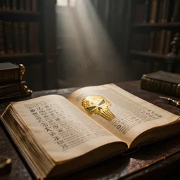 scene is ancient dimly lit fantasy punisher library. open punisher book laying open to a page with many symbols and runes and symbols featuring one gold inlay punisher symbol. background light rays in dust