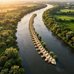 wide!! landscape photo of river that follows the distinct shape of a human spinal column!!, drone photo, golden hour, lush green vegetation