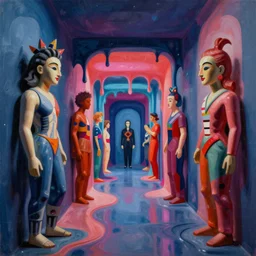 an extremely high quality hd surrealism painting of a melting neon hallway made entirely out of sculptures by a much more skilled version of kandinskypicasso and salvia dali the fourth, 8k, clear shapes, defined edges, ultra realistic, super realistic,