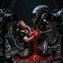 a wide angle movie still from alien ( 1 9 7 9 ) by ridley scott showing a man being ripped apart by an alien, red fluid spurting | sci - fi and supernatural horror | uneasy and uncanny atmosphere | shot on celluloid with panavision cameras | panavision lenses | 3 5 mm film negative width | anamorphic projection format