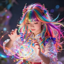 girl sorcerer with colorful hair, learning how to use magic. radiating colorful energy light. photorealistic, magical atmosphere, holographic undertones, highly saturated colors, by kan liu, andreas rocha, guillaume tholly, gthl. art, makoto shinkai, genshin impact, studio ghibli. trending on artstation. award winning, daily deivation