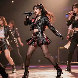 a dynamic, epic cinematic 8K HD movie shot of a japanese beautiful cute young J-Pop idol actress yakuza rock star girl wearing leather jacket, miniskirt, nylon tights, high heels boots, gloves and jewelry. Motion, VFX, Inspirational arthouse