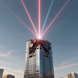 building being destroyed by laser beam from the sky, 4k render