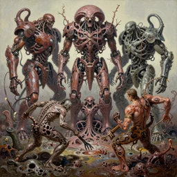 oil paint of flayed god machines, mutations cluster battle chaos, machine gods fungal pit, rotting, by alberto bontempi, alex ross, shigeru komatsuzaki, wayne d barlowe, alex ross, stefano tamburini, simon bisley & boris vallejo, enric torres, narrative light, muted colors, epic, hyper detailed, awe inspiring, award winning