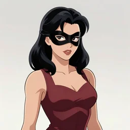 sydney savage danger girl pin - up, mask covering mouth, medium shot, bruce timm, j. scott campbell, andy hartnell, inked, tight fit, curvaceous, slim, pinned against a wall