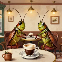 giant cartoon crickets inside of an italian cafe having an espresso, art by james easley