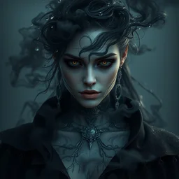 female necromancer made of water particles and black smoke, hyper realistic portrait full of details, canon eos, zbrush, artstation, by greg rutkowski and tom bagshaw anf marc simonetti