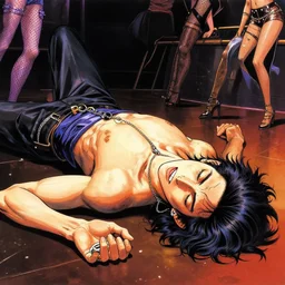 scene of a funky disco crackhead passed out on the club dance floor, by takehiko inoue and kim jung gi and hiroya oku, masterpiece illustration, realistic face and anatomy