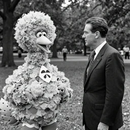 Richard Nixon being secretly photographed meeting Big Bird in a park, cia, black and white photo, photorealistic