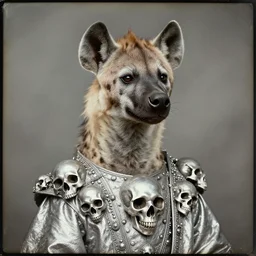 professional studio photo portrait of anthro anthropomorphic spotted hyena head animal person fursona wearing elaborate pompous silver skull robes clothes by Louis Daguerre daguerreotype tintype