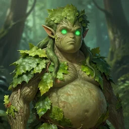 A realistic anime portrait of a handsome fat dryad with glowing green eyes and tree bark skin wearing clothes made of leaves, digital painting, by Stanley Artgerm Lau, Sakimichan, WLOP and Rossdraws, digtial painting, trending on ArtStation, SFW version