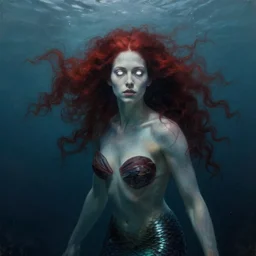 a portrait of woman with long dark curly red hair under the water, stoic, windy, pale skin with dark scales, mermaid, alone, underwater, fish, white eyes, dramatic, epic painting, painting by wlop and nixeu, semirealism, artstation, octane render, sharpness, 8 k, golden ratio