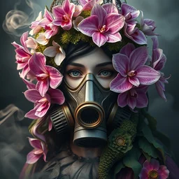 3 d close - up portrait of the goddess face in vintage gas mask in midsommar style clothes and crown overgrown with moss and giant orchid flowers and giant gladiola flowers, intricate, elegant, surrounded by smoke and water energy flow. translucent nautilus, highly detailed, by wlop, tooth wu, greg rutkowski, alena aenami