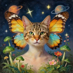 female with 🐱 head with 🦋 wings, 🍄 surrounding,, 💫 🪐 🌷 background, surreal art, art by barlowe wayne maxfield parrish and marco mazzoni