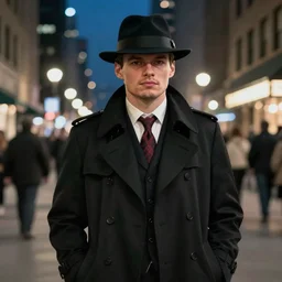 a picture of a man with the face of max verstappen, wearing a 1 9 4 0's noire detective outfit with fedora and trench coat, standing in the streets of chicago at night, detailed unblurred face, 4 k octane render highly realistic digital painting