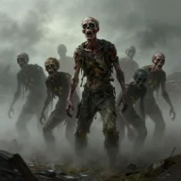 radioactive zombies emerging from the mist, concept art, digital painting, trending on artstation, deviantart, epic composition, extremely detailed, volumetric lighting, masterpiece, octane render