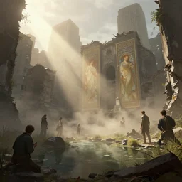 the ruins of new york city, mist, sunrays, dust in the air, dnd character, unreal engine, octane render, dramatic lighting, pond, digital art, by stanley artgerm lau, greg rutkowski, thomas kindkade, alphonse mucha, loish, norman rockwell,