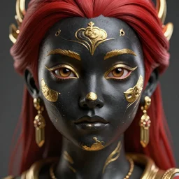 a stunning ultra detailed fantasy fine art portrait photo of a girl, 3 d model, by tom bagshaw, artgerm and natalie shau, black skin with gold makeup, ceramic material with gold accents, red hair, 3 5 mm lens, unreal engine, deep depth of field, perfect eyes and face, cyberpunk, soft lighting, artstation, 8 k