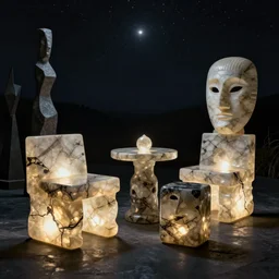 marble greek sculpted obsidian luminescent chair and table with primitive mask. dark night with star. karl blossfeldt, brancusi, max ernst