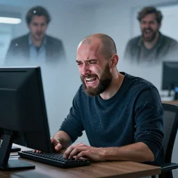 a bald bearded man crying over a computer, angry crying, yelling, blizzard concept artists, ubisoft concept artists