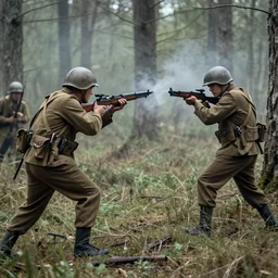 ww 2 battlefield encounter in the woods between 2 american soldiers and a german soldier fighting for their lives