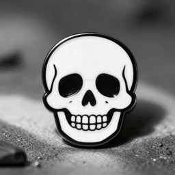 a black and white retro minimalistic wide smiling happy skull enamel pin