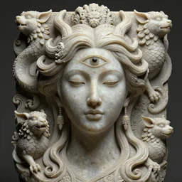 a sculpture of mythical creatures by hannah yata, elegant and beautiful female face with her third eye open, carved in stone, intricate, elegant, highly detailed, digital painting by audrey kawasaki, artstation, concept art, ambient occlusion, vray render,