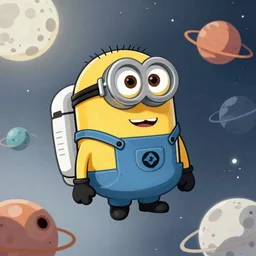 Astronaut Minion on the outer space floating drawn by Kim Jung Gi, fancy, characteristic, moon, planets, black hole