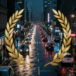 a city street at night, raining, photograph, cars on the road, cyberpunk, sharp focus, intricate detail, award winning photograph