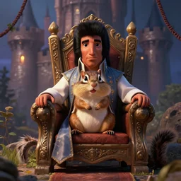 a chipmunk called elvis as the king of the world, sitting on his throne in his castle, atmospheric lighting, nice composition, artwork by charlie bowater