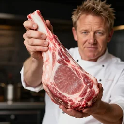 photo of gordan ramsay holding a raw porkchop in his hand on set, highly detailed, extremely high quality, hd, 4 k, 8 k, professional photographer, 4 0 mp, lifelike, top - rated, award winning, cinematic, realistic, detailed lighting, detailed shadows, sharp, no blur, edited, corrected, trending