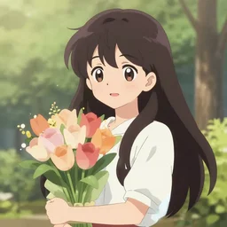 anime girl holds a bouquet,