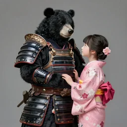 an anthropomorphic asian black bear dressed in full samurai armor rescuing a japanese girl in a pink kimono with plum blossom pattern, diffuse lighting, fantasy, intricate, highly detailed, lifelike, photorealistic, digital painting, artstation, illustration, concept art, smooth, sharp focus