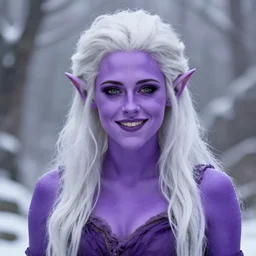 Purple skinned Kristen Stewart as a smiling Elf wizard smooth purple skin! + purple skin Photorealistic digital art trending on artstation, artgem, 4k HD. Snow white hair, white haired, silver white hair