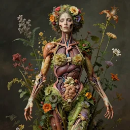 beautiful and detailed rotten woman made of plants and many different types of flowers, muscles, intricate, organs, ornate, surreal, john constable, guy denning, dan hillier, sorolla